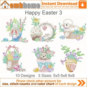 May include: A set of 10 embroidery designs featuring Easter themes. The designs include a bunny, a lamb, a cupcake, a basket of eggs, and a wreath. The designs are available in three sizes: 5x5, 6x6, and 8x8 inches.