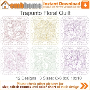Trapunto Floral Quilt Machine Embroidery Designs Pack Instant Download 6x6 8x8 10x10 hoop 12 designs SHE5453