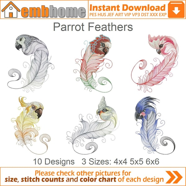 Parrot Feathers Machine Embroidery Designs Pack Instant Download 4x4 5x5 6x6 hoop 10 designs APE2276