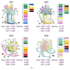 Puede incluir: Cuatro dise&ntilde;os de bordado que presentan arreglos florales en diferentes recipientes. Los dise&ntilde;os incluyen un ramo de tulipanes en una bota de lluvia, lavanda en una bota de lluvia, narcisos en un paraguas y margaritas en un sombrero. Cada dise&ntilde;o incluye una tabla de colores con 12 colores.