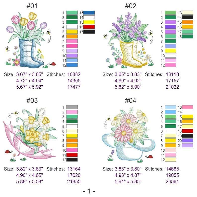 Puede incluir: Cuatro dise&ntilde;os de bordado que presentan arreglos florales en diferentes recipientes. Los dise&ntilde;os incluyen un ramo de tulipanes en una bota de lluvia, lavanda en una bota de lluvia, narcisos en un paraguas y margaritas en un sombrero. Cada dise&ntilde;o incluye una tabla de colores con 12 colores.