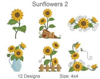 Diseños de bordado a máquina de girasoles, descarga instantánea, bastidor 4x4, 12 diseños, APE2494