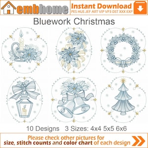 May include: Ten blue and gold Christmas embroidery designs. The designs include a candle, poinsettia, wreath, lantern, bells, and a Christmas tree. The designs are available in three sizes: 4x4, 5x5, and 6x6 inches.
