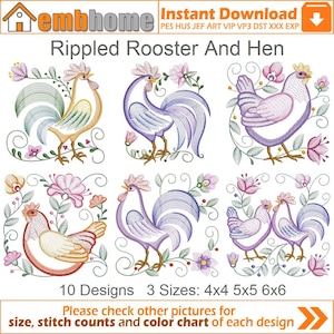 Rippled Rooster And Hen Farm Animals Machine Embroidery Designs Instant Download 4x4 5x5 6x6 hoop 10 designs APE2024