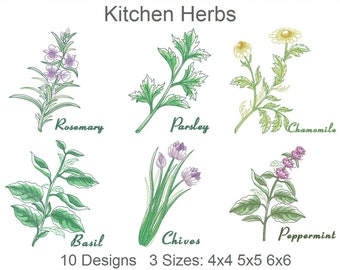 Può includere: Un set di 10 ricami che rappresentano erbe aromatiche da cucina, tra cui rosmarino, prezzemolo, camomilla, basilico, erba cipollina e menta piperita. I disegni sono disponibili in tre dimensioni: 4x4, 5x5 e 6x6 pollici.