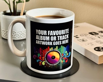 Personalised record album cover design ceramic mug for music lovers to sip their tea and coffee by David Asch Art & Design