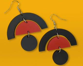 Art deco red and black dangle earrings - mid-century modern statement jewellery