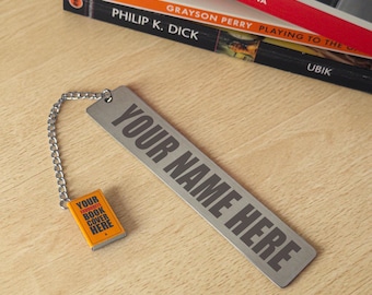 Personalised metal bookmark with miniature book charm - a gift for bookworms