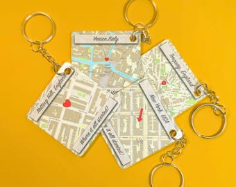 Personalised map keychain. A custom keepsake gift for Valentine’s, anniversaries and other memorable occasions