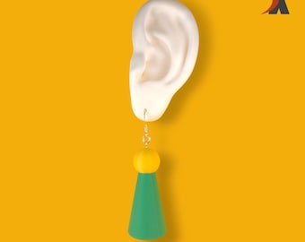 Green and yellow boho statement earrings | Geometric cone and ball lightweight jewellery