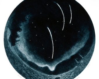 Falling Stars - An unusual perspective of the Perseid Showers; mezzotint print.