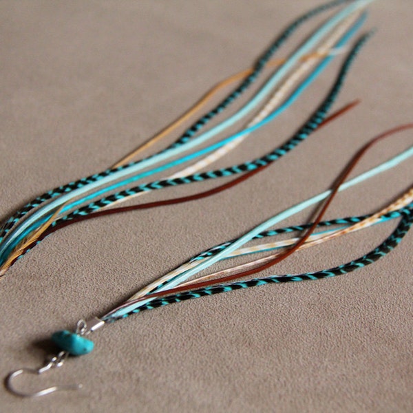 Turquoise Tribal Princess Long Feather Earrings Sterling Silver