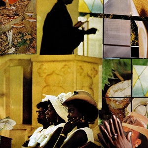 Southern gothic art print features female congregation listening attentively to the Sunday sermon.  The choir director leads his choir in the background.  Stained and mushroom are also present in the backdrop of this surreal collage.