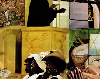 Könnte beinhalten: Eine Collage aus Bildern, die eine Silhouette einer Person in einem dunklen Anzug zeigen, die an einem Podium steht, drei Frauen in Hüten und Kleidern und eine Nahaufnahme einer Hand mit einem Ring. Der Hintergrund umfasst ein Buntglasfenster, eine Holzoberfläche und ein grünes Blattwerk.