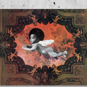 Svart kerub, afroängel, svart cupid, svart empowerment, dans på gatan, svart glädjekonst, afro nouveau, glansigt svart renässanstryck