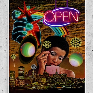 May include: A woman with dark hair is applying makeup in front of a mirror. The background is a collage of a city skyline, a rainbow, a neon sign that says "OPEN", and a glowing orb.