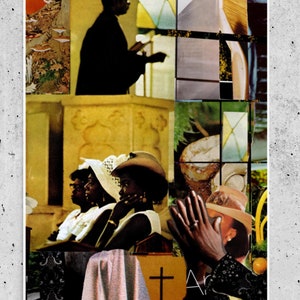 A retro-inspired collage featuring an African American church service with women in Sunday hats and a preacher in silhouette. The stained-glass window backdrop adds a vintage, spiritual ambiance, ideal for Afrocentric and religious-themed home decor.