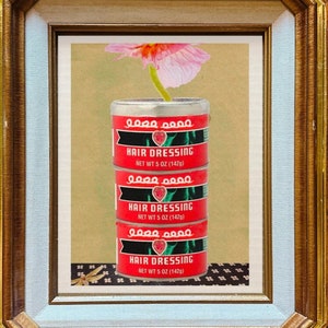 Arte de flores de hojalata, jarrón de lata, regalo de peluquería, arte de sopa Campbells, arte de sopa, arte del cabello natural, latas antiguas, arte de hojalata antiguo, cartel de novedad