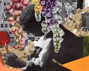 Il mondo è tuo, collage di natura e città, collage di ragazzi neri, afro pop surreale, poster con stampa di castelli di sabbia