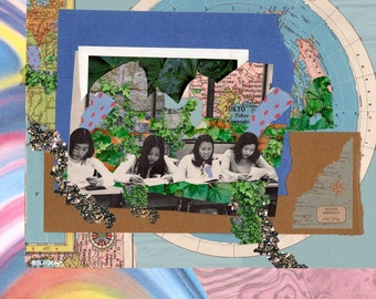 Collage di ragazze asiatiche, stampa "Donne in marcia", arte del diario spazzatura, insieme possiamo, storia, unità, arte delle donne asiatiche, collage tagliato a mano, collage fatto dall'uomo