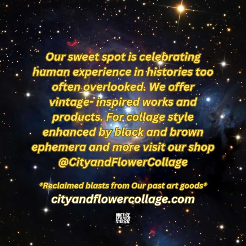K&ouml;nnte beinhalten: Ein Schwarzwei&szlig;bild mit einem sternenklaren Nachthimmel als Hintergrund. Der Text lautet: "Our sweet spot is celebrating human experience in histories too often overlooked. We offer vintage-inspired works and products. For collage style enhanced by black and brown ephemera and more visit our shop @CityandFlowerCollage *Reclaimed blasts from Our past art goods* cityandflowercollage.com"