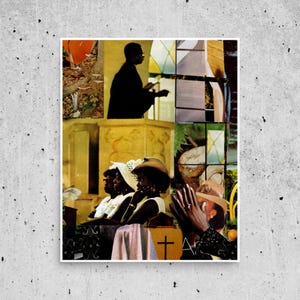 This spiritual collage art features a black church congregation with women in traditional Sunday hats and a preacher silhouetted against stained glass. The piece brings together religious symbolism and vintage design for unique wall decor.