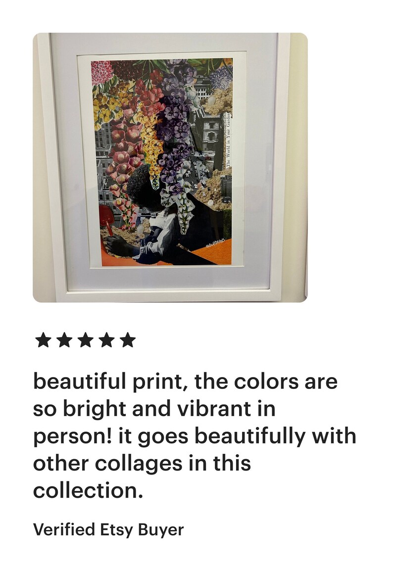 Pu&ograve; includere: Una stampa di collage incorniciata che presenta una persona con una corona di fiori fatta di fiori colorati. La stampa ha una tavolozza di colori vibrante e uno stile unico e astratto.