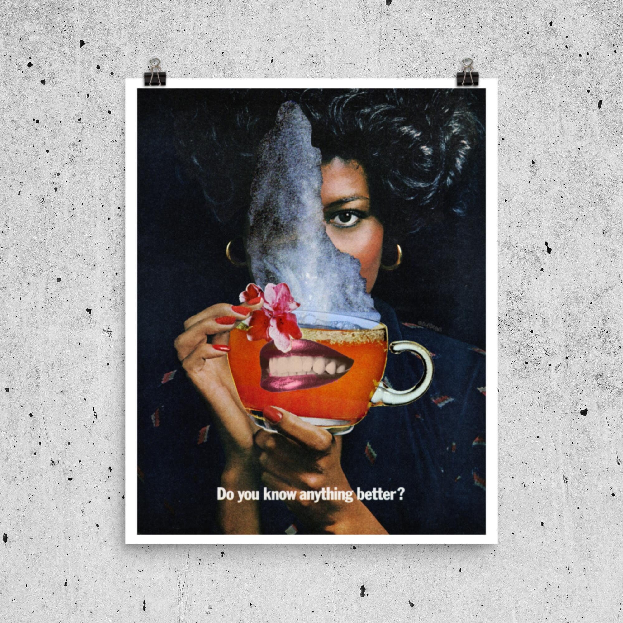 80s Horror Poster, Sipping Tea Woman,Snarky Art, Get Out, Summerween, Afro American Art, Black Final Girl, Judging You, Vintage Movie Poster