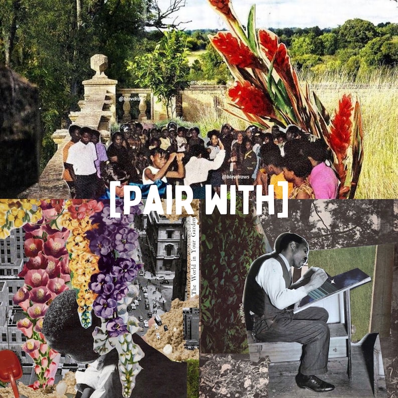 Pu&ograve; includere: Un collage di immagini che mostra un gruppo di persone in piedi su una scala, un uomo che disegna su un tavolo e vari arrangiamenti floreali. Il testo "[PAIR WITH]" &egrave; visualizzato al centro dell'immagine.