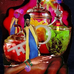 Surrealistische vintage glamour, snoepwinkel, BLACK WOMEN DIVINE, intieme kunst, zwarte vrouw mix media, Americana Art, poster afro glamour