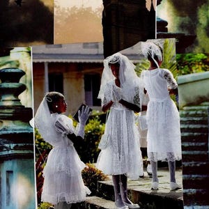 Collage artwork featuring three young Black girls dressed in white, lace-trimmed dresses and veils, standing together on steps outside a church building. The background includes gothic elements and cloudy sky, creating a layered, dreamlike effect.
