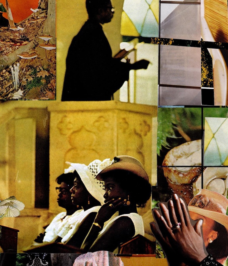 Southern gothic art print features female congregation listening attentively to the Sunday sermon.  The choir director leads his choir in the background.  Stained and mushroom are also present in the backdrop of this surreal collage.