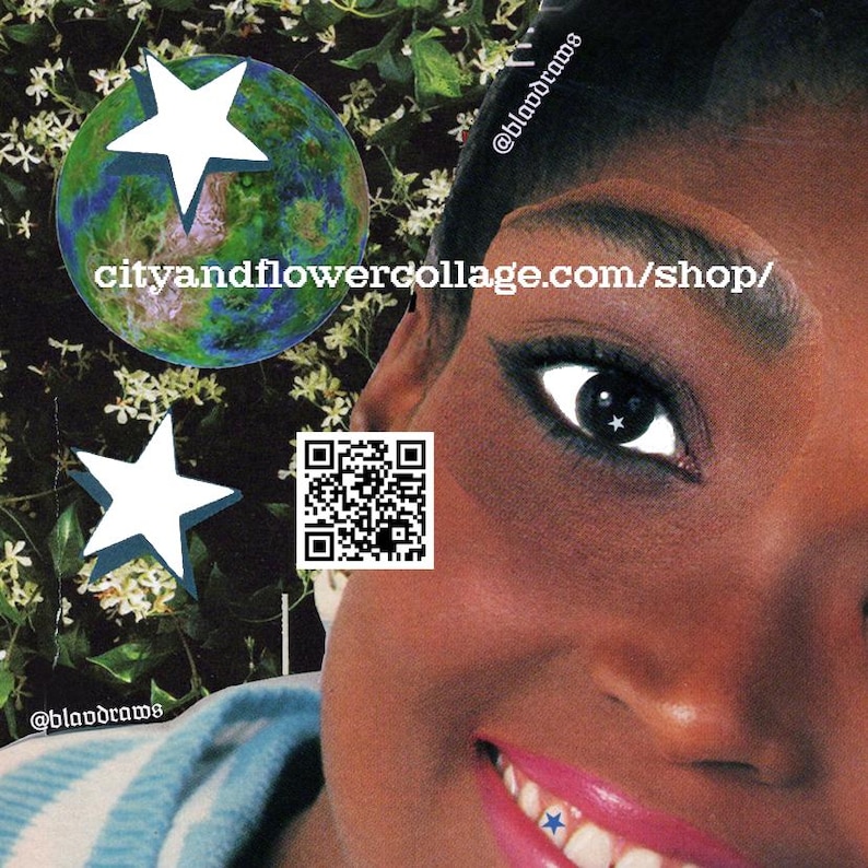 K&ouml;nnte beinhalten: Eine Collage mit einer Nahaufnahme eines Auges mit sternf&ouml;rmiger Pupille, einem QR-Code und zwei wei&szlig;en Sternen auf einem gr&uuml;n-blauen Globus. Der Text "cityandflowercollage.com/shop/" und "@bloodraws" ist ebenfalls im Bild enthalten.