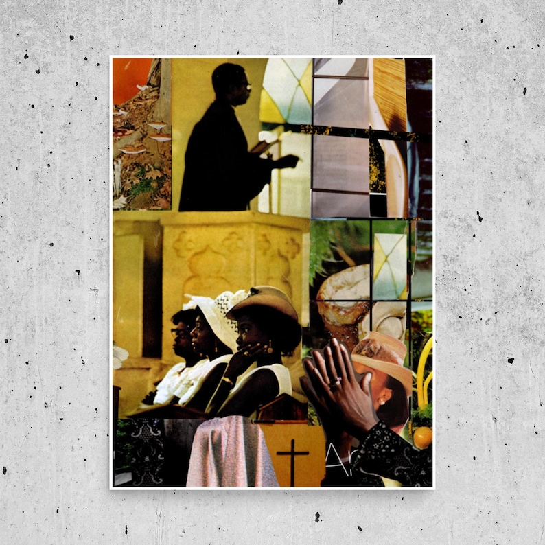 A retro-inspired collage featuring an African American church service with women in Sunday hats and a preacher in silhouette. The stained-glass window backdrop adds a vintage, spiritual ambiance, ideal for Afrocentric and religious-themed home decor.