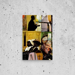 A vibrant art collage showing a Black choir leader and women seated in a church, wearing elegant hats. This piece merges nostalgic church scenes with stained-glass window details, capturing African American religious life in a vintage-inspired style.
