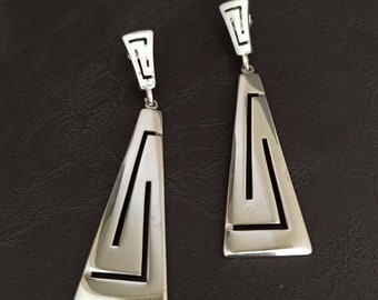 ハンドメイド、スターリングシルバー、ギリシャキー、ダングルイヤリング。