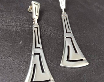 ハンドメイド、スターリングシルバー、ギリシャキー、ダングルイヤリング。