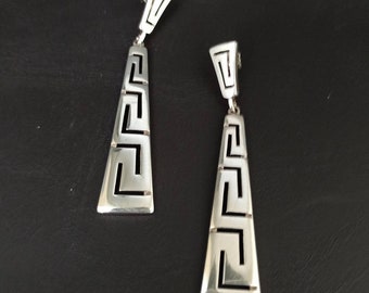 ハンドメイド、スターリングシルバー、ギリシャキー、ダングルイヤリング。