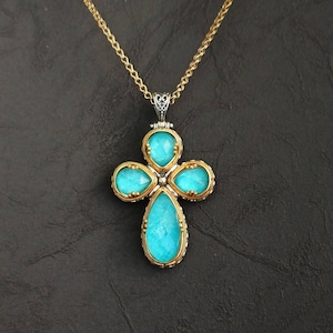 Hand made, sterling silver cross pendant with turquoise doublets, in the Byzantine style.