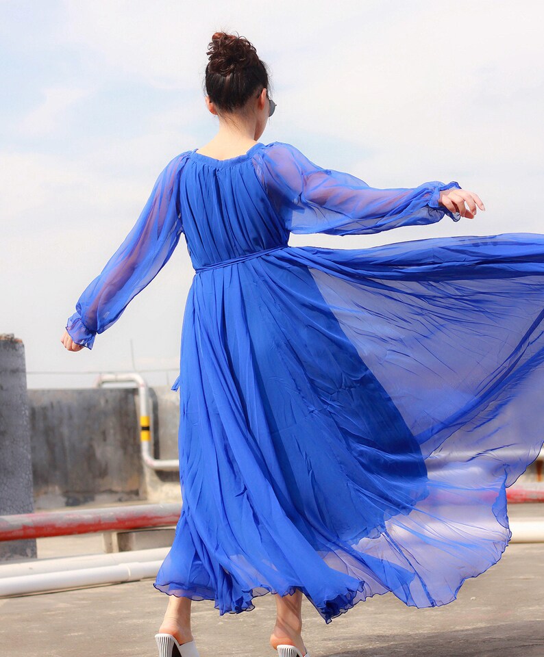 Elegant Long Sleeve Maxi Dress Chiffon Royal Blue Summer Etsy
