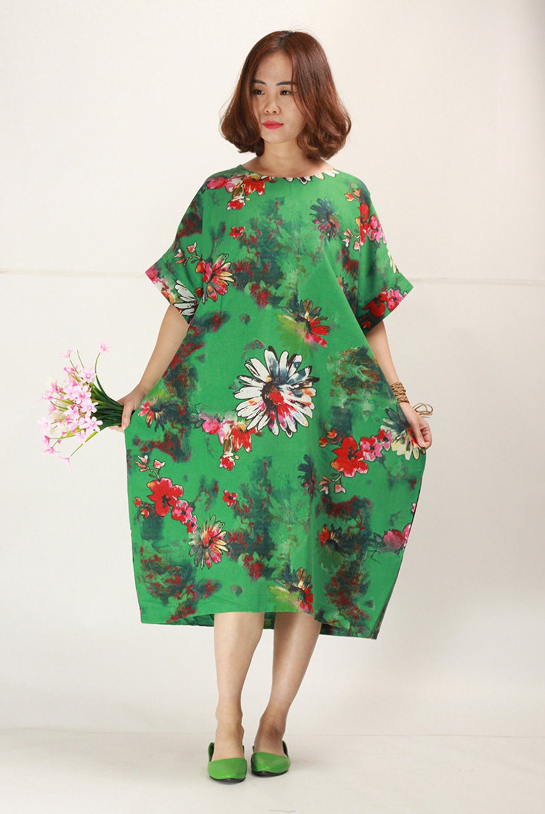 The Summer Jade Green Floral Linen Dress Plus Size Sundress - Etsy