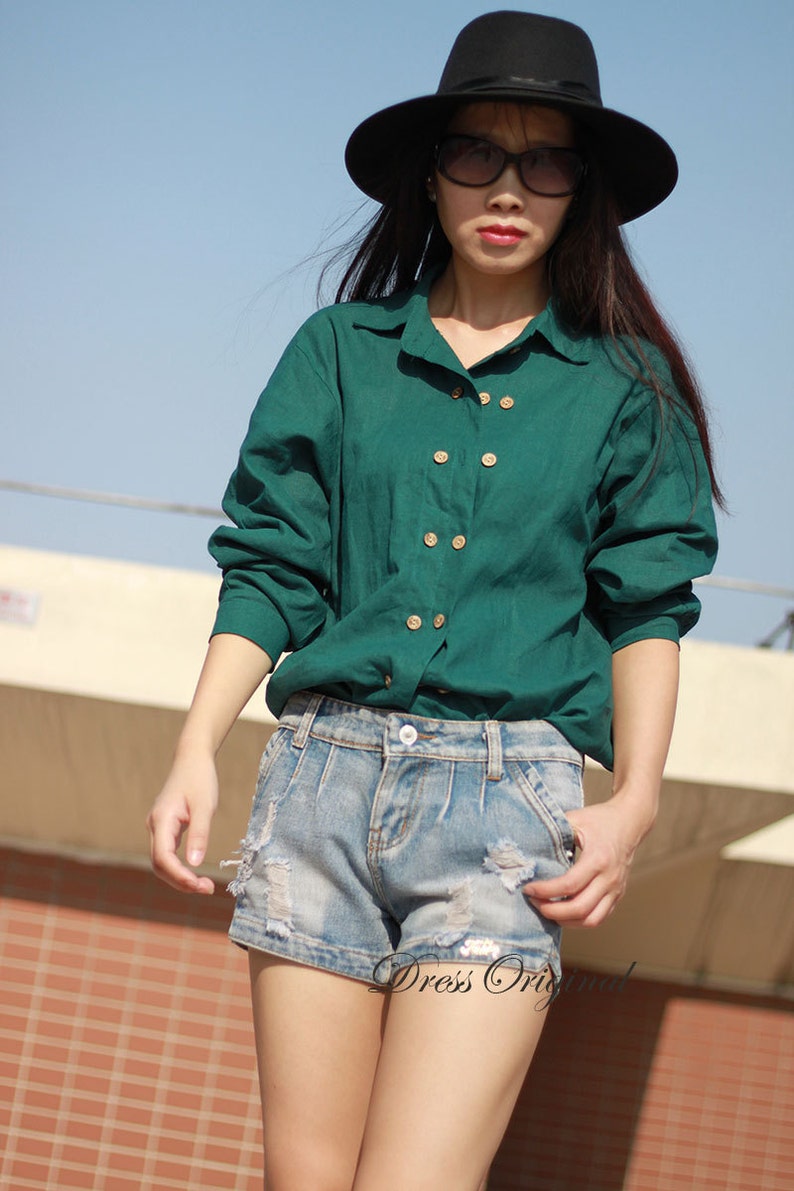 triple line buttons peacock green shirt Linen blouse large size linen shirt flax blouse linen tops cotton shirt custom made tops GLB32