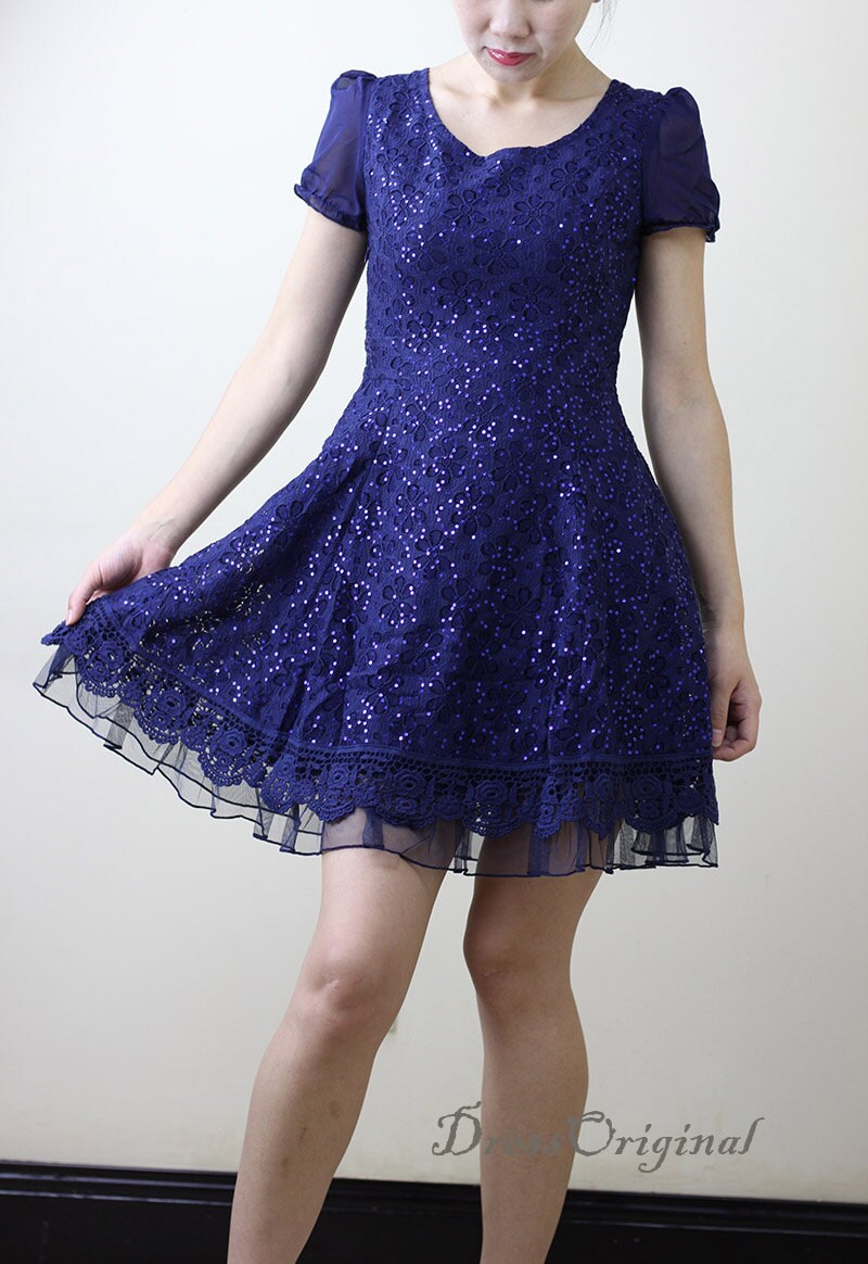 Sapphire Lace Dress Blue Mini Dress / Long Sleeved Blue Lace Etsy