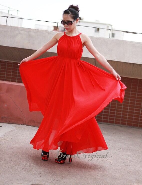red maxi chiffon dress