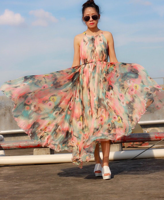 elegant brown floral dress sleeveless tunic maxi dress halter | Etsy
