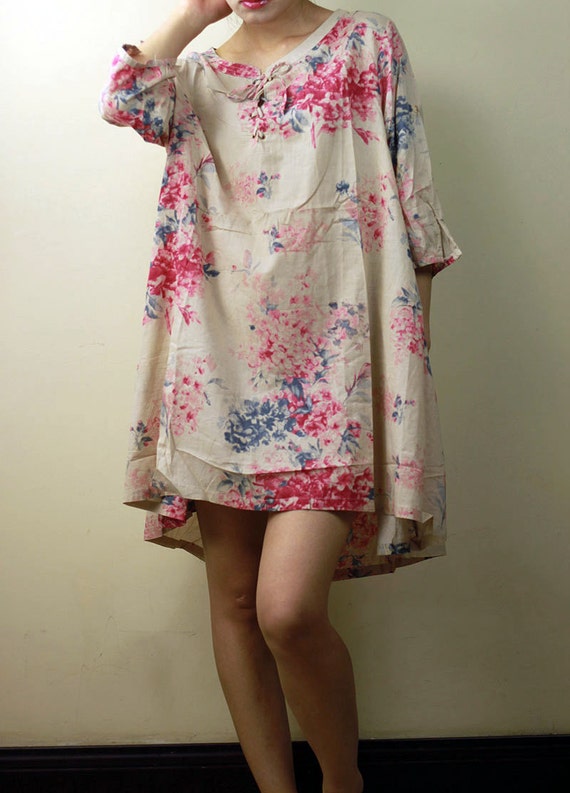 Summer cotton dress, pink Floral Print dress, long sleeve dress, casual loose dress, cotton shirt, cotton blouse, plus size dress Summer cotton dress, pink Floral Print dress, long sleeve dress, casual loose dress, cotton shirt, cotton blouse, plus size dress