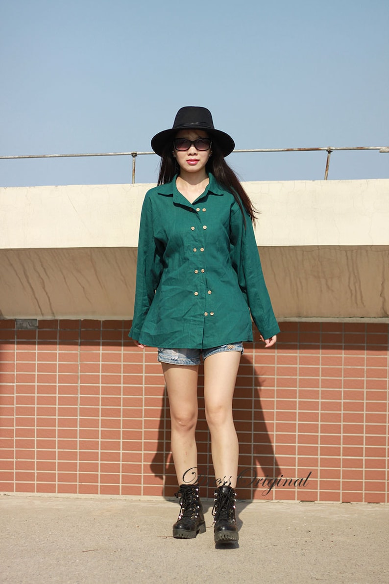 triple line buttons peacock green shirt Linen blouse large size linen shirt flax blouse linen tops cotton shirt custom made tops GLB32