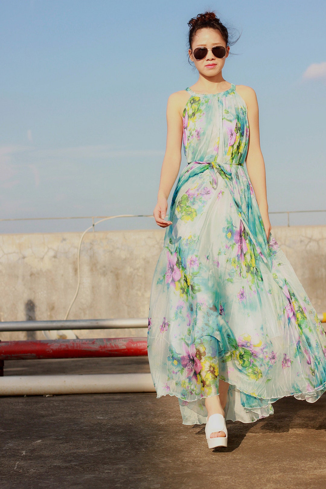 New Lake Green Floral Chiffon Dresses Plus Size Summer Maxi - Etsy UK