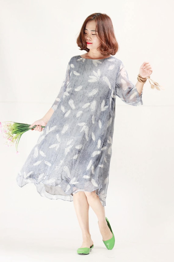 2018 Gray Flowy Feather Dotted Chiffon Dresses Plus Size Summer Dress Oversize Beach Dresses Maternity Holiday Clothing