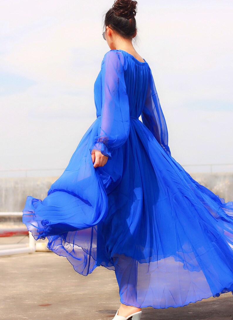 Elegant Long Sleeve Maxi Dress Chiffon Royal Blue Summer Etsy